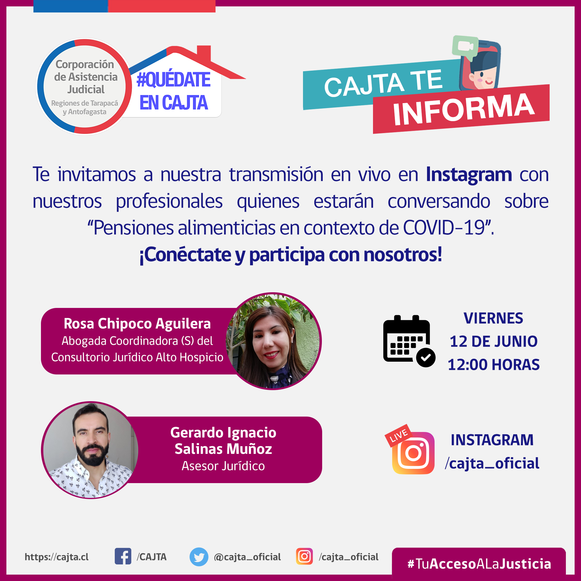 En Instagram, viernes 12 de junio a las 12 horas "Pensiones de alimenticias en contexto del COVID-19”