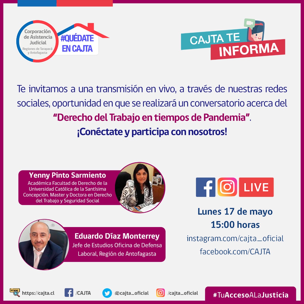 HOY LUNES 17 DE MAYO, Instagram Live con "Derecho del Trabajo en tiempos de pandemia".